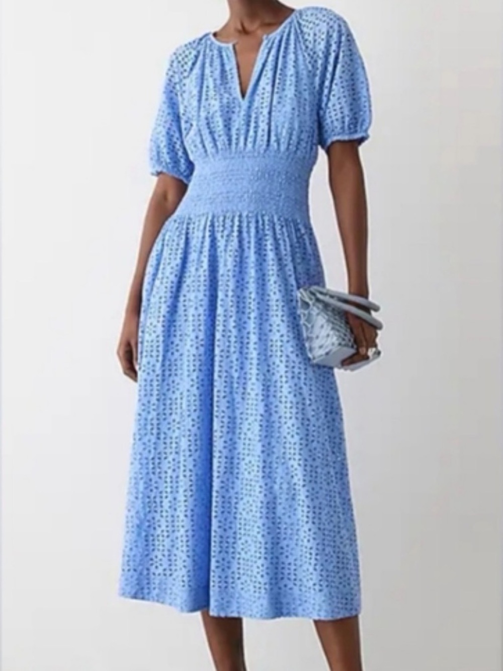 J. Crew Sky Blue Eyelet Midi Dress with Smocked Waist